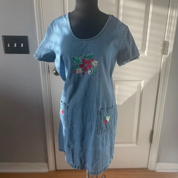 CB Casual Dresses | Vintage PL CB Casual Denim Dress with Flower Embroidery Eclectic Grandma | Color: Blue | Size: PL | Pm-96475605'S Closet